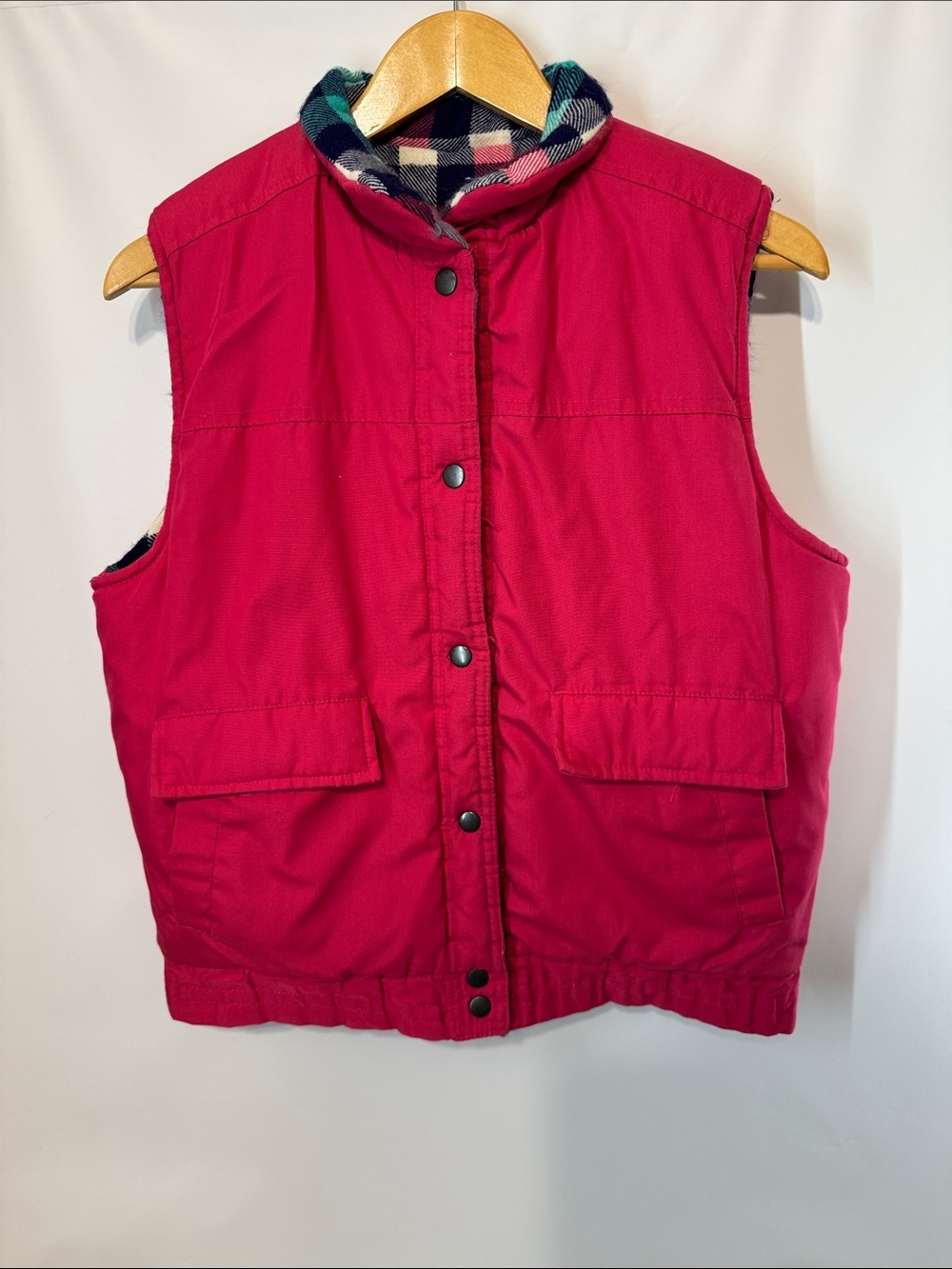 Vintage JL Edition Pink Puffer Vest Medium Plaid Lined Snap Front Gorpcore Retro